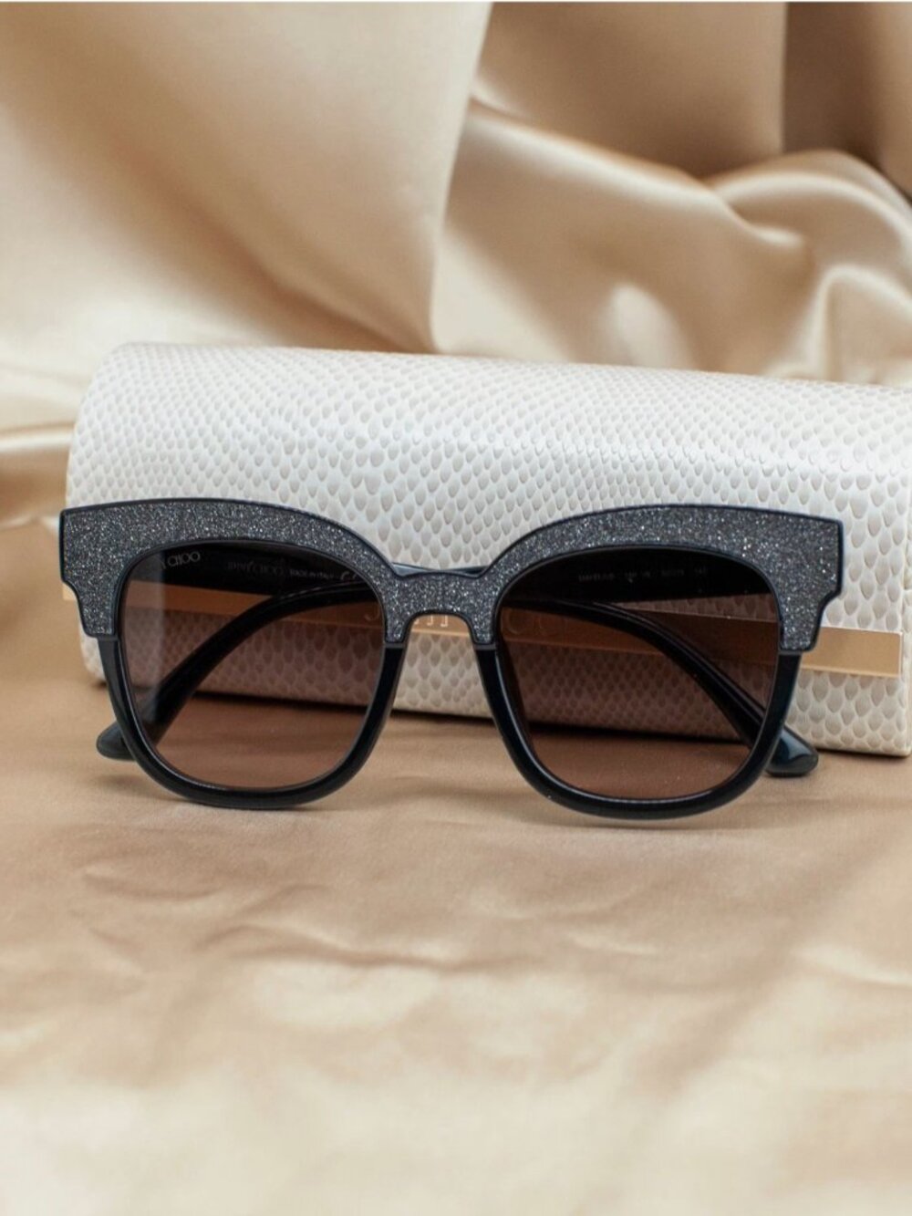 Jimmy Choo Mayela Gray Glitter Oversized Square Sunglasses NWT 50-19-145 Auth